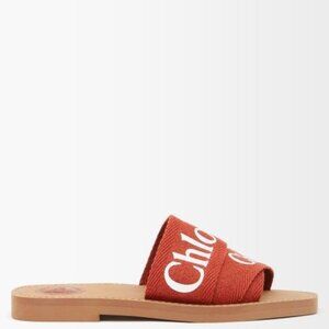 CHLOE WOODY LINEN SLIDES TERRACOTTA RED